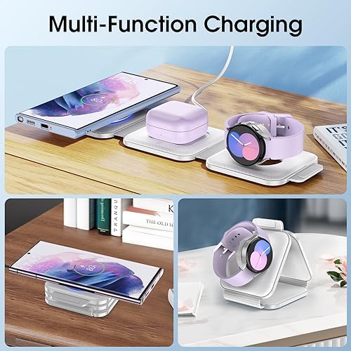 Portable Wireless Charging Station for Samsung Devices, Compact Foldable Charger for S25 Ultra/S24/Z Flip 6/5, Multi-Device Support for Galaxy Watch 8/7 & Buds Pro3/2 – Efficient Fast Charging Solution in Sleek White Design for Travelers and Professionals