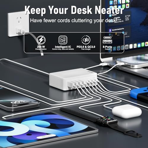 Advanced 200 W Ga N IV USB-C Fast Charging Station – 8-Port Multi-Device Power Hub for Laptops & Smartphones – PD 65 W Mac Book Pro/Air & DELL Charger – Compact, Portable & Efficient Charging Solution for i Phone 16/15/14 & Galaxy S25/24 – Ultimate Power Delivery & Enhanced Compatibility