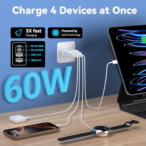 40 W USB C Charger Block – Dual Pack of 4-Port Fast Charging Power Bricks with PD & QC 3.0 Technology for i Phone 16/15/14/13/12/11 Pro Max, i Pad, Galaxy, Pixel – Sleek White & Blue Design for Convenient Multi-Device Charging