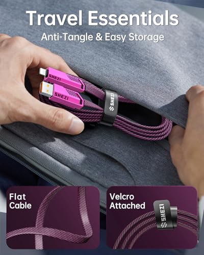 SHEZI 4-in-1 Fast Charging USB C Cable – 60 W Power Delivery with Lightning, USB C, and USB A Ports – 5 FT Durable Flat Nylon Braided Cord – Stylish Pink Design for i Phone, i Pad, and More – High-Speed 480 Mbps Data Transfer Solution for All Your Devices