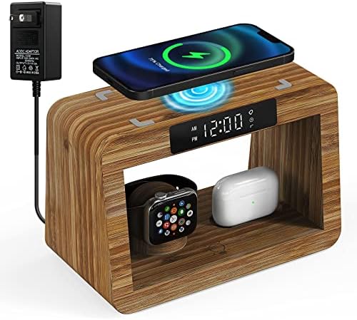 Eco-Friendly Bamboo Charging Station with 15 W Fast Wireless Charging, Adjustable Night Light & Multi-Device Compatibility for i Phone, i Watch, Air Pods, and Samsung – Sleek Nightstand Solution with 3 Color Modes and 4 Brightness Levels, Includes Adapter for Enhanced Efficiency