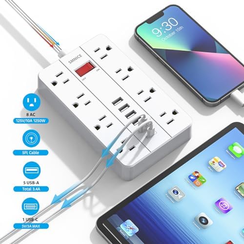 Ultimate Power Strip Surge Protector with USB-C – 8 Spacious Outlets & 6 Fast-Charging USB Ports – 5 ft Wall-Mountable Extension Cord for Phones, Tablets, Laptops, and Multiple Devices – Enhanced Safety & Efficiency for Home and Office Use