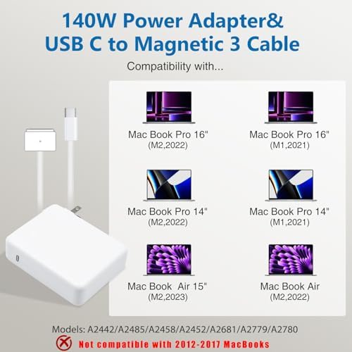 Ultra-Fast 140 W USB-C to Magnetic 3 Power Adapter for Mac Book Pro & Air (2021-2023) | Exceptional Charging Efficiency with 6.6 ft Braided Cable | Universal Compatibility for M1 & M2 Models | Innovative LED Indicator for Charging Status | CE/FCC/ROHS Certified Quality Assurance