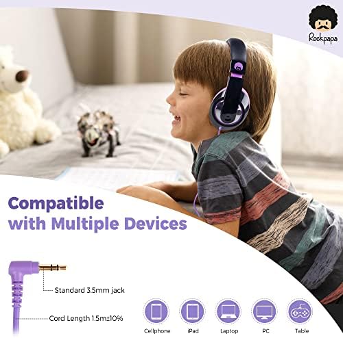 Rockpapa Kids Over-Ear Headphones – Lightweight Wired Audio Gear for School, Travel, and Home – Stylish White and Blue Design for Boys and Girls – Immersive Sound Quality with Adjustable Comfort and Durable Build for Young Audiophiles