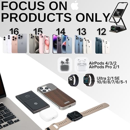 Ultimate 3 in 1 Wireless Charging Station for Apple Devices – Fast 15 W Charger for i Phone 16, 15, 14, Air Pods & Apple Watch – Adjustable Angle Travel Dock Weighing Only 8.8 oz – Perfect Gift for Tech Lovers Seeking Style and Efficiency