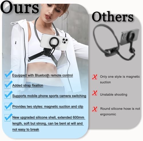 Magnetic Neck Phone Mount for Recording,Magnetic Phone Holder,POV Phone Holder,Magnetic Neck Chest Mount with Wireless Remote,Neck Holder for iPhone Android Phones (Gray Magnetic Model) – Enhanced Compatibility and Speed