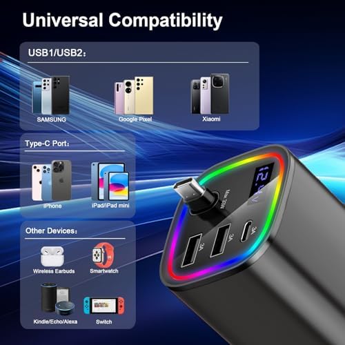 Ultimate AGEMANY 4-in-1 Retractable Car Charger: 78 W Fast Charging USB C Adapter for i Phone 16/15/14/13/12 & Android Devices, Stylish Cigarette Lighter Accessory with RGB Illumination – Perfect Gift for Tech-Savvy Drivers