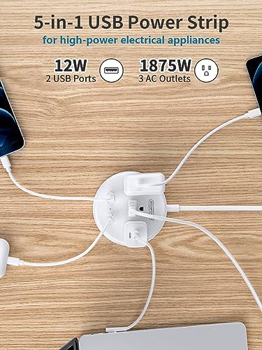 NTONPOWER 2 Prong Power Strip with 9.8 ft Extension Cord – Essential Wall-Mountable Solution for Non-Grounded Outlets with 3 AC Ports & 2 USB Charging Ports – Perfect for Modern Homes and Vintage Spaces