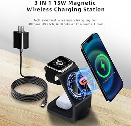 Magnetic 3-in-1 Wireless Charging Station for Apple Devices – Fast, Efficient Charger for i Phone 15/14 Pro Max, Apple Watch Ultra/8/se/7/6/5/4/3/2, and Air Pods – Compact Design with Enhanced Compatibility and Safety Features