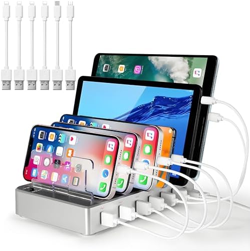 Multi-Device Charging Station with 6 USB Ports – Fast Charger Hub for i Phone, i Pad, and Tablets, Includes 6 Mixed Cables, Sleek Silver Design for Home and Travel Use – Universal Compatibility and Efficient Power Delivery