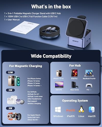 Ultra-Compact BENFEI 3-in-1 Mag Safe Wireless Charger Stand with USB-C Hub – Fast Charging Station for i Phone 16/15/14/13/12, Apple Watch & Air Pods, Featuring HDMI (4 K@60 Hz), 100 W PD, 2 USB 3.0 Ports for Enhanced Connectivity – Travel-Friendly Design with Adjustable Viewing Angles