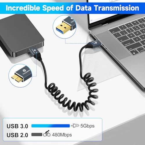 Retractable Coiled USB B to USB C Cable for High-Speed Data Transfer – 5 Gbps Compatibility with Mac, PC, Laptops, MIDI Keyboards, and DJ Controllers – Adjustable Length from 0.75 FT to 3.3 FT for Effortless Connectivity and Organization