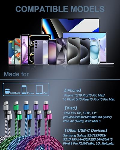 6 FT Samsung Fast Charging Cable (5 Pack) – Universal USB C to C Cord for i Phone 16 Series & Galaxy S25 Ultra – Durable Nylon Braided Design for Quick and Reliable Charging in Car and Home – Enhanced Compatibility with Pro, Max Models & More