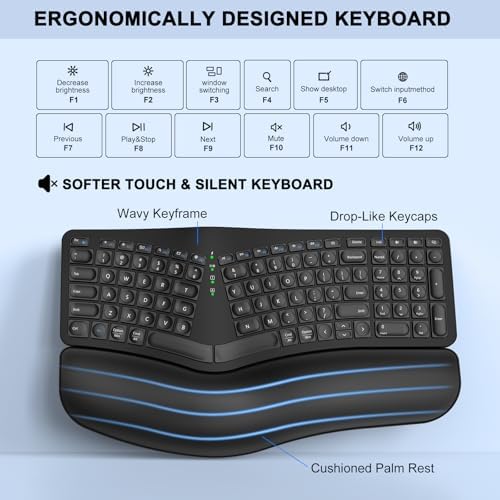 Maximize Comfort and Productivity with QUASIO’s Ergonomic Wireless Keyboard – Bluetooth & 2.4 G Multi-Device Connectivity with Cushioned Palm Rest for Windows, Mac & Android Users – Rechargeable, Quiet Typing, and Strain-Reducing Design for All-Day Use