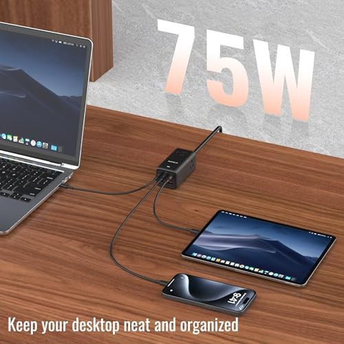 NENJI 75 W Ga N USB-C Super Fast Charging Station – 8-in-1 Power Strip with 5 USB Ports & 3 AC Outlets for Ultimate Device Compatibility – Smart Charging Technology for i Phone, Samsung, i Pad, Mac Book – Compact Travel-Friendly Design for Home or Office Use – Optimize Your Charging Efficiency and Speed