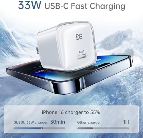 Ultra-Fast GUSGU A33 33 W USB-C Wall Charger Block – Compact and Lightweight Travel Charging Adapter for i Phone 16/15/14/13, Galaxy S24/S23, Pixel 8/8 Pro – Versatile Power Solution for Home, Office, and Travel Needs – Enhanced Compatibility with Universal USB-C Output for Quick Device Charging