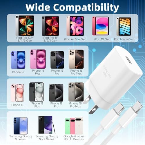 30 W Ultra-Fast USB-C Charger with 6.6 FT Cable for i Phone 16/15 & Galaxy S Series – High-Speed Charging with Safety Features for All Devices – Compact & Portable Power Adapter for On-the-Go Use