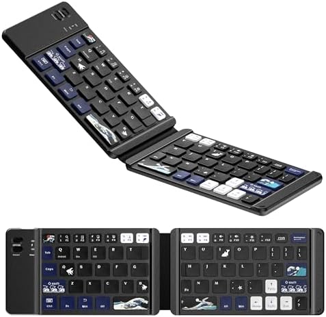 Ultra-Portable XVX WK60 Foldable Bluetooth Keyboard with Kanagawa Wave Art – Multi-Device Compatible Wireless Keyboard for i Pad, i Phone, Mac Book, Android & Windows – Long-Lasting 20-Hour Battery Life – Elevate Your Typing Experience Anywhere