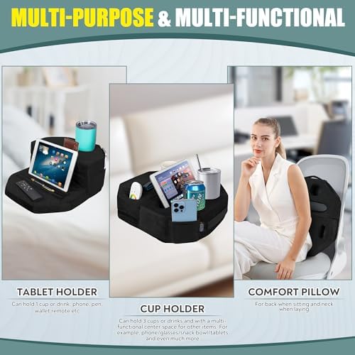 Octagonal Memory Foam Couch Cup Holder Tray Pillow – Versatile Caddy for Drinks, Snacks & Devices – Perfect for Sofa, Bed, RV & Car Travel – Soft Grey Fabric for Comfort & Style – Ultimate Accessory for Organized Relaxation