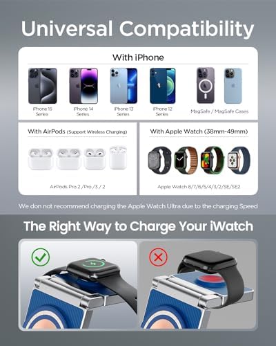 Hohosb Foldable 3-in-1 Magnetic Wireless Charger Station – Premium Zinc Alloy Design for i Phone 15/14/13/12, Air Pods Pro/3/2, and Apple Watch – Mag Safe Compatible, Fast Charging, and Travel-Friendly Solution for All Your Devices (Blue)
