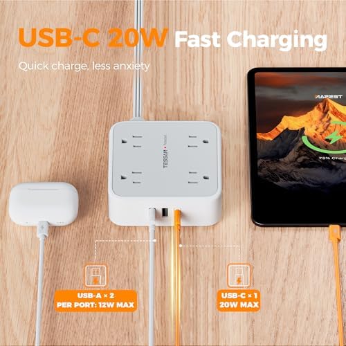 TESSAN Power Strip Tower Surge Protector: 8 AC Outlets & 3 USB Ports (1 USB-C) with 900 Joules Protection, 5 FT Flat Plug Extension Cord – Ultimate Desk Charging Station for Home Office and Dorm Room Efficiency