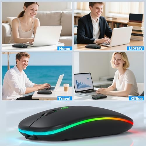 Sleek LED Bluetooth Wireless Mouse for Mac & PC – Rechargeable, RGB Light-Up Design with Dual Connectivity (BT5.2 + 2.4 G USB) – Slim, Portable Mouse with Jiggler Function for Work & Play – Enhanced Performance & Style in White