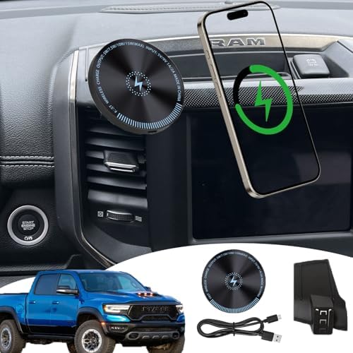 Dodge RAM Magnetic Phone Mount with 15 W Fast Wireless Charger – Optimized for 2019-Present RAM Models, Perfect for 5″ & 8.4″ Screens, Secure Magnetic Hold, Effortless Installation, Ideal for Hands-Free Navigation & Quick Charging