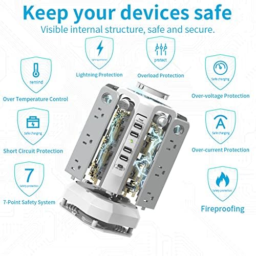 Maximize Power Distribution with the PASSUS Surge Protector Tower – 12 AC Outlets, 5 USB Ports Including 18 W USB C, 10 FT Extension Cord, Space-Saving Flat Plug, Overload Protection for Home and Office Use – Ideal for Multiple Devices and Rapid Charging Solutions