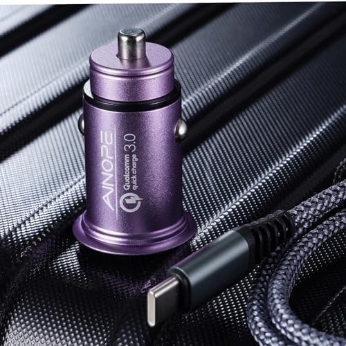 Compact AINOPE 67.5 W USB-C Car Charger – Fast Charging Dual Port QC3.0 Adapter for i Phone 16 & Samsung Galaxy – Mini Cigarette Lighter Accessory in Stylish Purple for Efficient On-the-Go Power Solutions