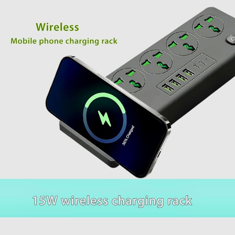 Universal Power Socket with Wireless Charging Pad – Multi-Device Desktop Charging Station Featuring 4 AC Outlets, 4 USB Ports & 2 Type-C Ports, Fire-Resistant Design for Enhanced Safety – Ideal for Home, Office, and Travel Use
