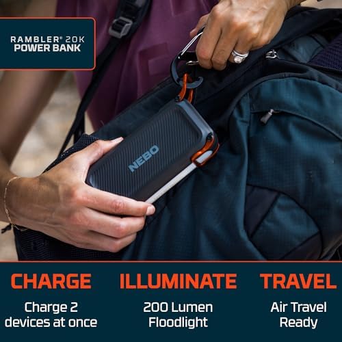 NEBO Rambler 20 K Portable Power Bank – High-Capacity 74 Wh Charger with Dual USB & USB-C Outputs for Quick Device Recharges, Built-In Emergency Flashlight, Compact Travel-Friendly Design, TSA Compliant, Ideal for On-the-Go Charging Needs