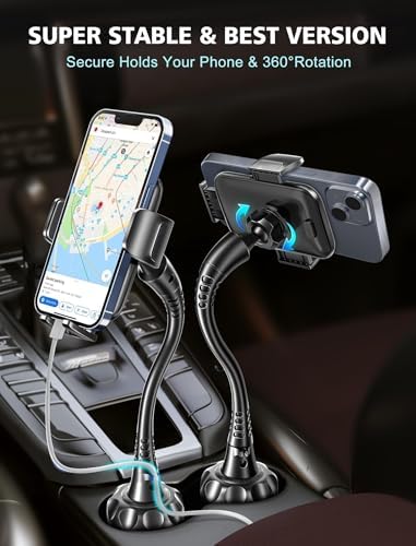 TOPGO Ultra-Sturdy Gooseneck Cup Holder Phone Mount for Car – Enhanced Stability Smartphone Cradle Compatible with i Phone 16 Pro Max & More – Adjustable Viewing Angle & Easy Installation – Premium Black Finish for Modern Drivers