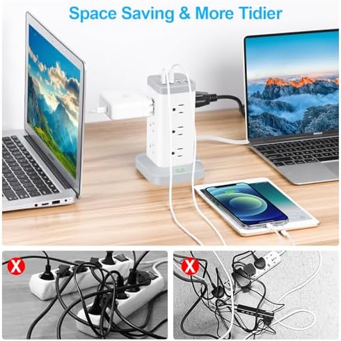 Maximize Workspace Efficiency with the BEVA Surge Protector Power Strip Tower – 12 AC Outlets & 4 Fast-Charging USB Ports, 6.5 FT Extension Cord for Optimal Device Organization and Safety in Office and Home Settings