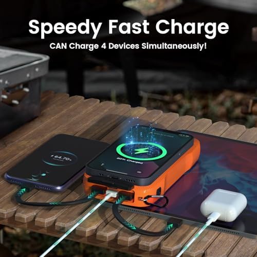 Portable Solar Power Bank 10,000 m Ah – Dual Built-in Cables & Fast 15 W Wireless Charging – Eco-Friendly Design with Cigarette Lighter & 3 LED Flashlight Modes – Perfect for Camping, Emergencies & Everyday Use – Ideal Gift for All Occasions