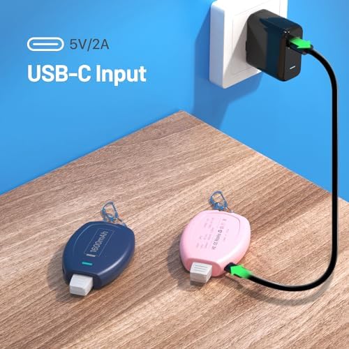 Compact Keychain Power Bank Duo: 1600 m Ah Emergency Charger for i Phone 8, 11, 12, 14 & Air Pods – Ultra-Portable Mini External Battery Pack in Stylish Blue & Pink – Fast Charging & Enhanced Compatibility for On-the-Go Power Solutions