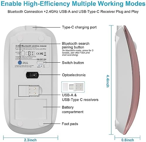 Sleek Silent Wireless Bluetooth Mouse for Mac Book Air & Pro – Dual Mode Optical Design with USB Type-C Receiver, Ergonomic Rechargeable Comfort for i Pad and Laptop Use – Effortless Connectivity & Quiet Performance – Ideal for Work & Play