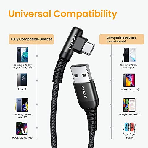 AINOPE Right Angle USB C Cable – 2-Pack (10 ft + 10 ft) Fast Charging 3.1 A Nylon Braided Charger for Enhanced Device Compatibility, Ideal for Gaming and Multitasking, Durable Black Design