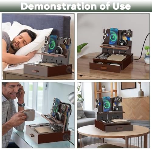 Nightstand Organizer with Charging Station, Wood Docking Station with USB Ports and Outlets, Gifts for Men, Bedside Holder with Drawer for Kindle,Phone,Key, Watch & Accessories (Classic Black) – Enhanced Compatibility and Speed