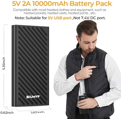 High-Capacity Heated Vest Battery Pack – 10,000 m Ah Portable Power Bank for Heated Clothing – Rapid 5 V 2 A Charging with Versatile Compatibility for Jackets, Pants, and More – Lightweight, Durable Design for Outdoor Enthusiasts