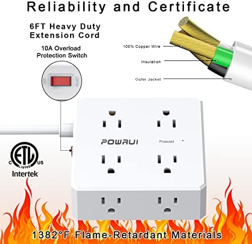 Maximize Your Power Management with a 6 Ft Surge Protector Power Strip – 8 Outlet Extension Cord Featuring 4 Fast USB Charging Ports (1 USB-C), Ideal for Home Office Convenience and Safety, ETL Listed for Enhanced Surge Protection and Compatibility