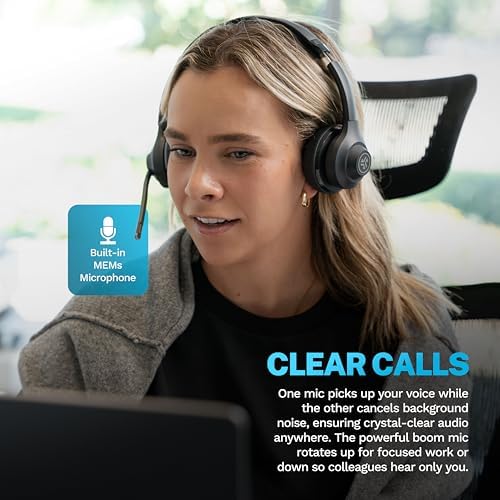 JLab Go Work Gen 2 Wireless Headset – Unmatched 55+ Hour Battery Life for All-Day Listening – Bluetooth Multipoint Technology for Seamless Laptop & Mobile Use – Versatile Wired/Wireless Compatibility with USB Dongle – Ergonomic On-Ear Design Perfect for Remote Work and Leisure Activities – Superior Sound Quality with Built-in Microphone for Clear Communication