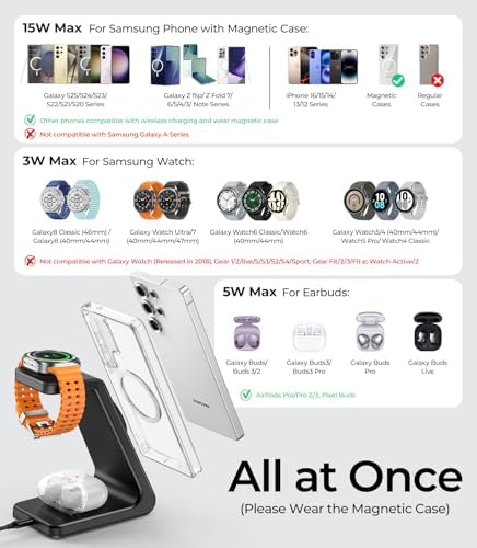 Magnetic Wireless Charging Station for Samsung Devices – 3-in-1 Fast Charging Hub for Galaxy S25, S24, S23, Z Fold 7, Flip 7, Galaxy Watch Ultra/8/7/6, and Galaxy Buds – Effortless Magnetic Alignment, Enhanced Compatibility, and Sleek Design for Home and Office Use – Premium Safety Features with Smart Chip Protection – Perfect Gift for Tech Enthusiasts
