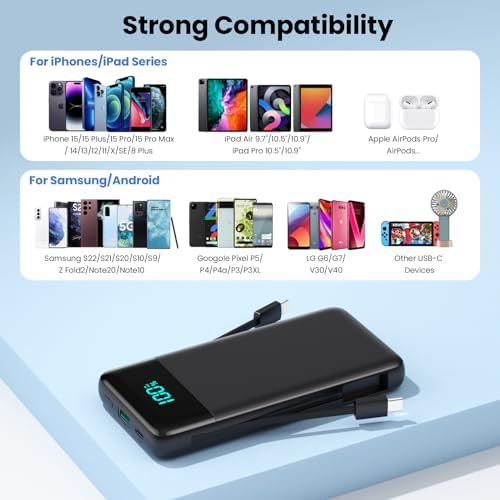 Upgrade Your Charging Experience: 13800 m Ah Portable Power Bank with Built-in Cables and Wall Plug – Fast Charging USB-C Battery Pack for i Phone 16/15/14, Samsung & Android Devices – Ultimate Travel Companion with 4 Outputs for Simultaneous Device Charging