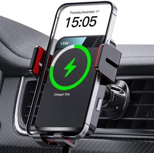 MOKPR Auto-Clamping Wireless Car Charger – Fast 15 W/10 W/7.5 W Phone Mount for i Phone 15/14/13/12 Series & Samsung Galaxy – Secure Air Vent Design with Safety Features for Effortless Charging On-the-Go