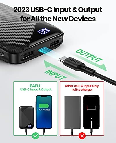 Compact 10,000 m Ah USB C Power Bank with High-Speed Triple 3 A Charging and Built-in Flashlight – EAFU Portable Charger for i Phone, Samsung, Google & More – Essential On-the-Go Battery Pack for Daily Use and Emergencies