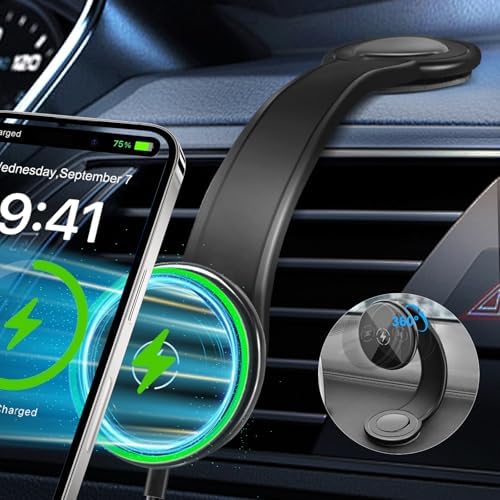 Enhanced 15 W Magnetic Wireless Car Charger with 360° Adjustable Arm – Fast Charging Mount for i Phone, Samsung Galaxy & Google Pixel – Versatile Cell Phone Holder for Seamless Navigation – Premium Automotive Accessory for Modern Drivers