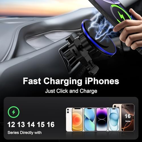 15 W Magnetic Car Mount Wireless Charger – Fast Charging for Samsung Galaxy S25 Ultra & i Phone 16 Series – Air Vent Auto Holder with Enhanced Stability & Compatibility – Effortless Navigation & Safety on the Road