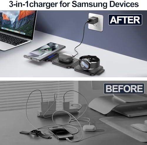 Compact 3-in-1 Foldable Wireless Charging Hub for Samsung Devices – Ultimate Travel Solution for Galaxy S25 Ultra, S24, Z Flip 6/5, Watch 7, and Buds Pro3 – Safe, Sleek, and Efficient Docking Station for All Your Charging Needs – Ideal for Home, Office, and On-the-Go Power Management – Space-Saving Design with Advanced Safety Features – Includes USB Type-C Cable and 18 W Power Adapter – Elevate Your Charging Experience with This Versatile, Multi-Device Station
