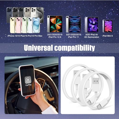 6 FT USB A to USB C Carplay Charging Cable – 3-Pack for i Phone 15/16, i Pad Pro/Air/Mini, Samsung Galaxy S25/S24/S23, and Mac Book – Fast Charging & High-Speed Data Transfer for Enhanced Compatibility on the Go