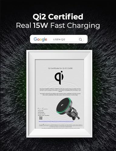 LISEN Qi2 15 W Mag Safe Car Charger & Mount – Ultra-Fast Magnetic Wireless Charging for i Phone 16 Pro Max Plus, 15, 14, 13, 12 – Secure Air Vent/Dashboard Holder for Effortless Navigation and Enhanced Compatibility